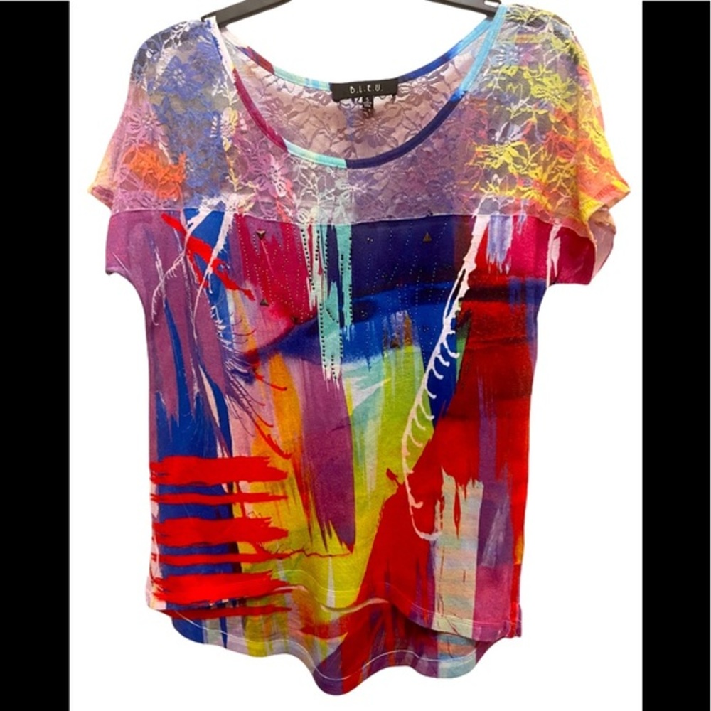 B.L.E.U. Multi Colored High-Low Top With Lace Size Small